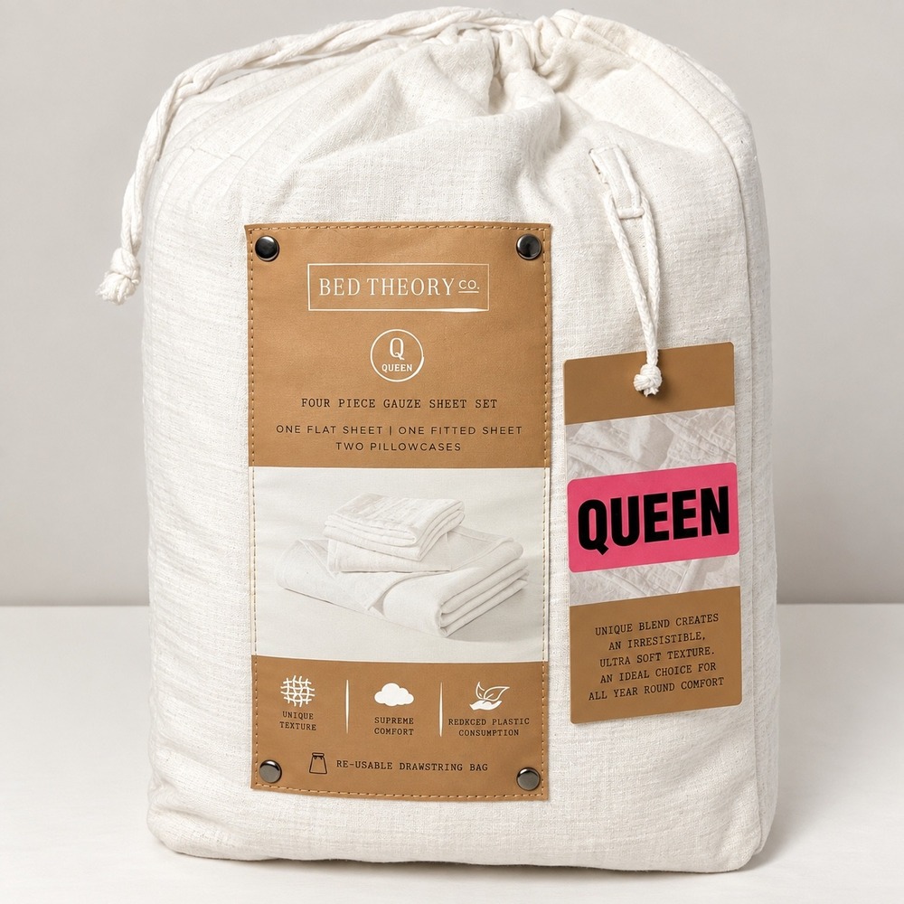 Bed Theory Co Queen Four Piece Gauze Sheet Set White Ultra Soft Texture NEW